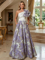 A-Line Floral Jacquard One Shoulder Mother of the Bride Floor-Length Evening Gowns with Bow