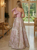 Floral Jacquard One Shoulder A-Line Mother of the Bride Floor-Length Evening Gowns with Bow Pockets