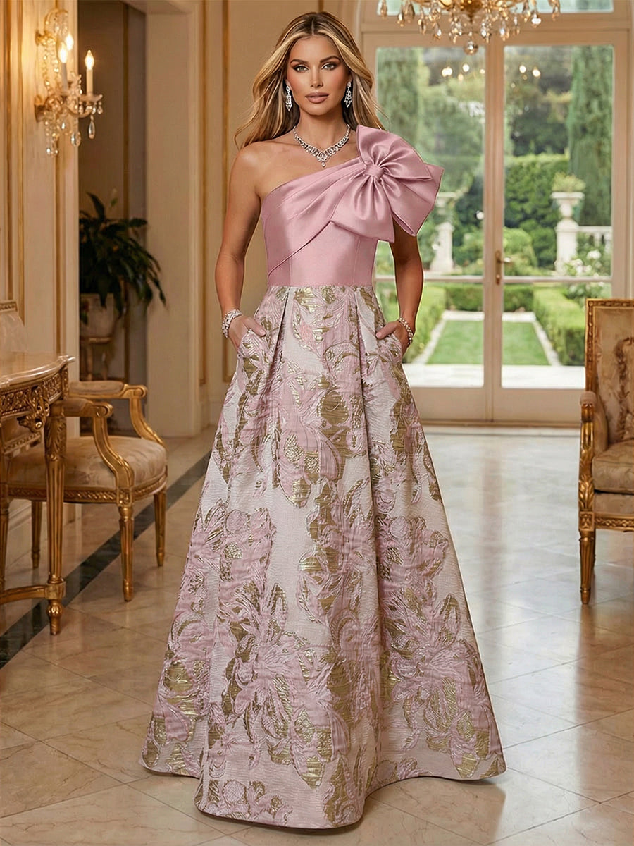 Floral Jacquard One Shoulder A-Line Mother of the Bride Floor-Length Evening Gowns with Bow Pockets