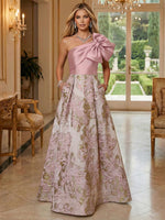 Floral Jacquard One Shoulder A-Line Mother of the Bride Floor-Length Evening Gowns with Bow Pockets