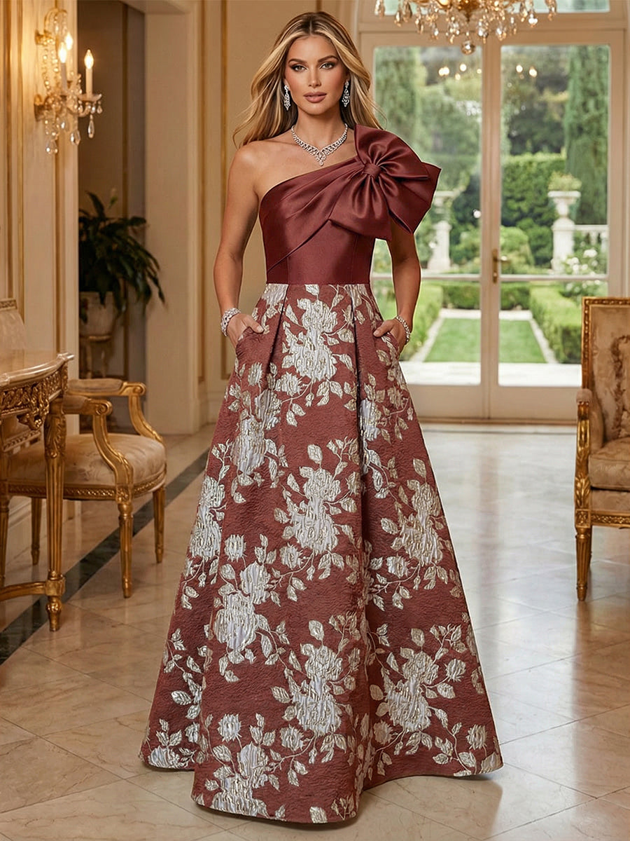 Floral Jacquard One Shoulder A-Line Mother of the Bride Floor-Length Evening Gowns with Bow Pockets
