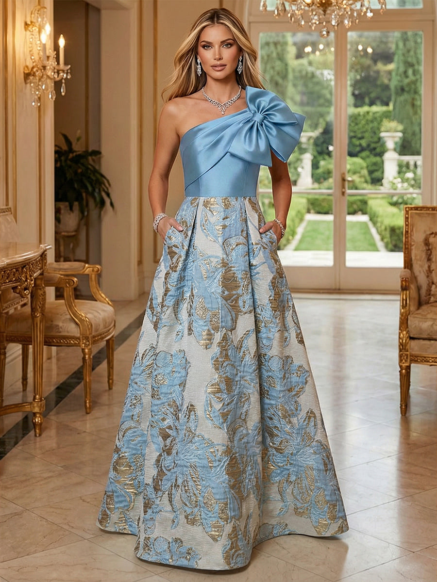 Floral Jacquard One Shoulder A-Line Mother of the Bride Floor-Length Evening Gowns with Bow Pockets