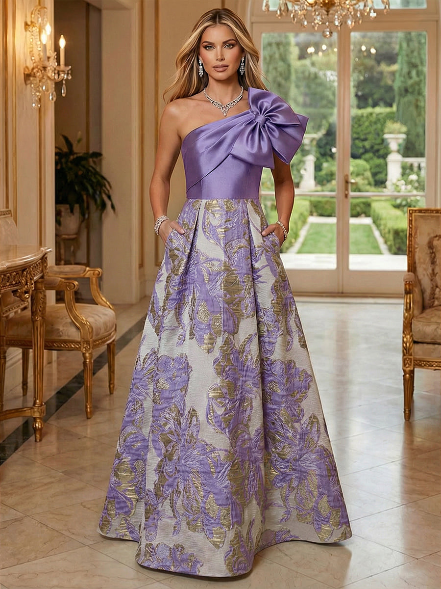 Floral Jacquard One Shoulder A-Line Mother of the Bride Floor-Length Evening Gowns with Bow Pockets