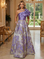 Floral Jacquard One Shoulder A-Line Mother of the Bride Floor-Length Evening Gowns with Bow Pockets