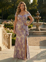 Off Shoulder Jacquard Satin Mother of the Bride Dresses with Split Side