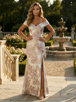 Off Shoulder Jacquard Satin Mother of the Bride Dresses with Split Side