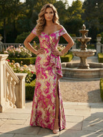 Off Shoulder Jacquard Satin Mother of the Bride Dresses with Split Side