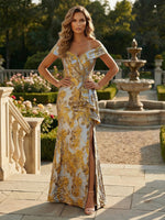 Off Shoulder Jacquard Satin Mother of the Bride Dresses with Split Side