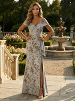 Off Shoulder Jacquard Satin Mother of the Bride Dresses with Split Side