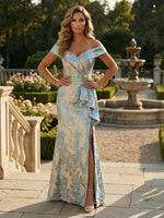 Off Shoulder Jacquard Satin Mother of the Bride Dresses with Split Side