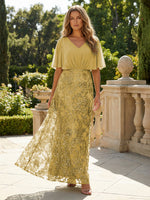 Short Sleeve V-Neck Lace Appliques Chiffon Mother of the Bride Dresses