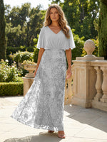 Short Sleeve V-Neck Lace Appliques Chiffon Mother of the Bride Dresses