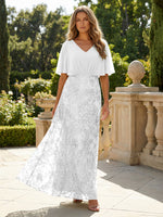 Short Sleeve V-Neck Lace Appliques Chiffon Mother of the Bride Dresses