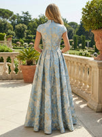 Cape Sleeve Jacquard Satin Ruched Mother of the Bride Dresses