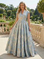 Cape Sleeve Jacquard Satin Ruched Mother of the Bride Dresses