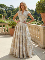 Cape Sleeve Jacquard Satin Ruched Mother of the Bride Dresses