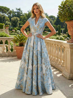 Cape Sleeve Jacquard Satin Ruched Mother of the Bride Dresses