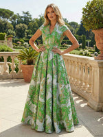 Cape Sleeve Jacquard Satin Ruched Mother of the Bride Dresses