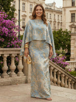 Cape Sleeve Jacquard Satin Ruched Mother of the Bride Dresses 2 Piece