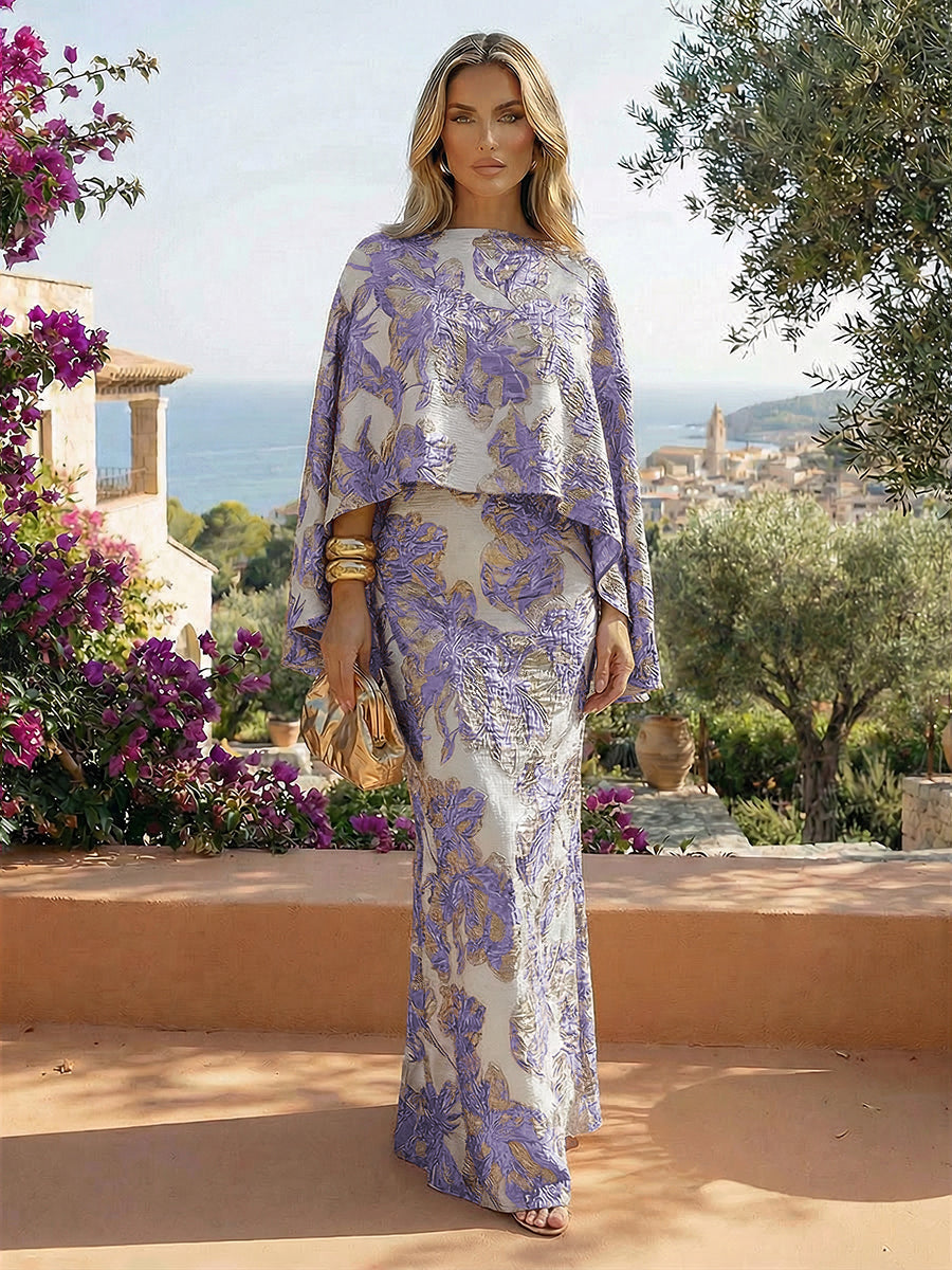 Cape Sleeve Jacquard Satin Ruched Mother of the Bride Dresses 2 Piece