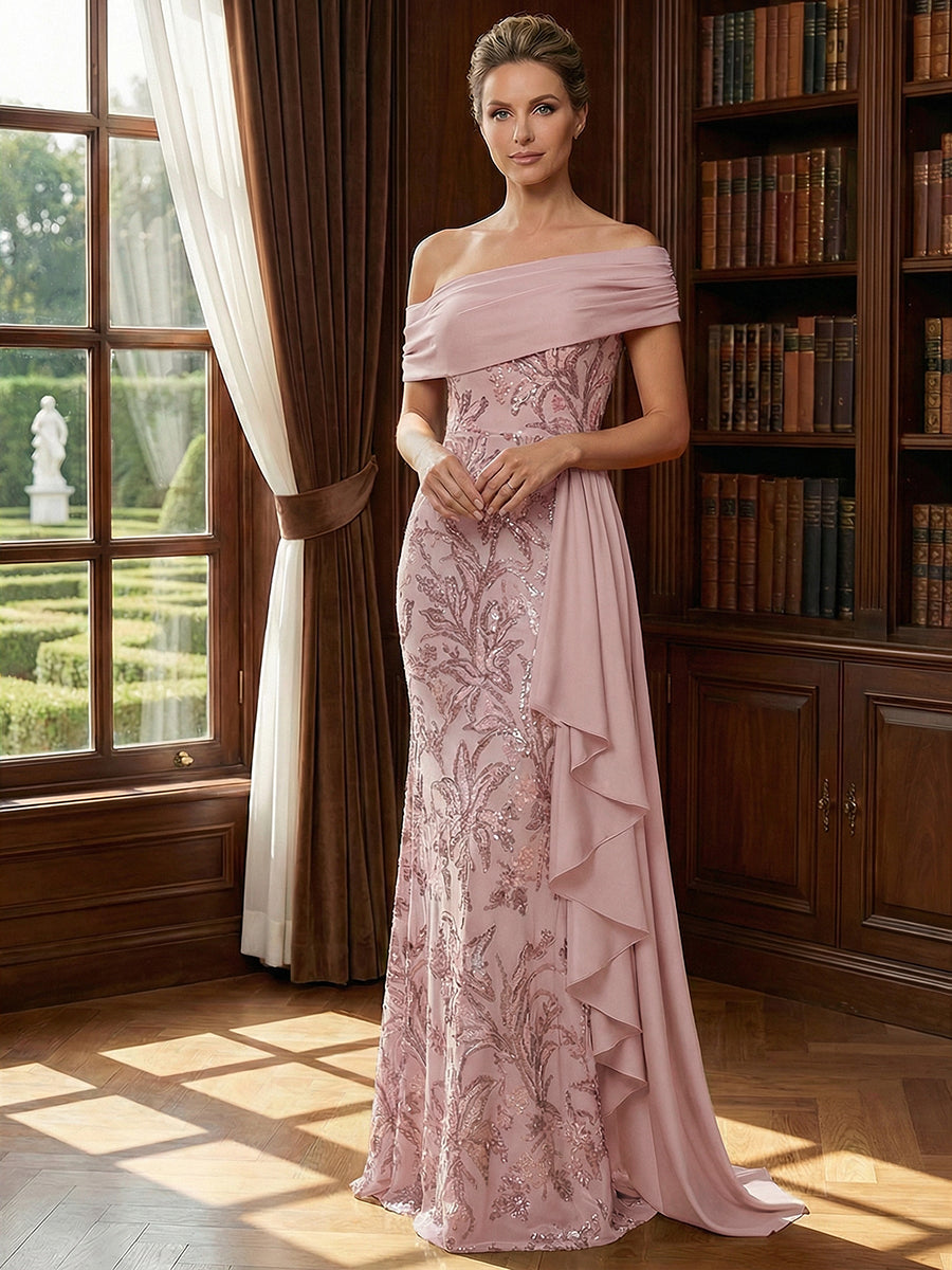 Off Shoulder Lace Appliques Sequins Mother of the Bride Dresses with Ruffles