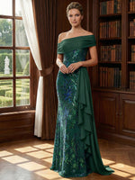Off Shoulder Lace Appliques Sequins Mother of the Bride Dresses with Ruffles