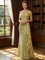 Off Shoulder Lace Appliques Sequins Mother of the Bride Dresses with Ruffles
