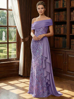 Off Shoulder Lace Appliques Sequins Mother of the Bride Dresses with Ruffles