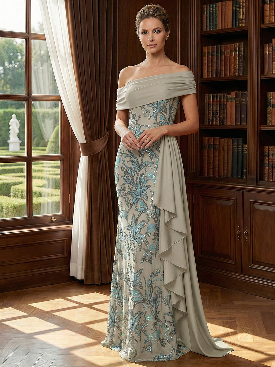 Off Shoulder Lace Appliques Sequins Mother of the Bride Dresses with Ruffles