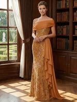Off Shoulder Lace Appliques Sequins Mother of the Bride Dresses with Ruffles