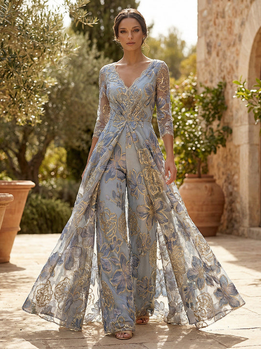 Floral Jacquard 3/4 Sleeves V-Neck Mother of the Bride with Ruched Waist