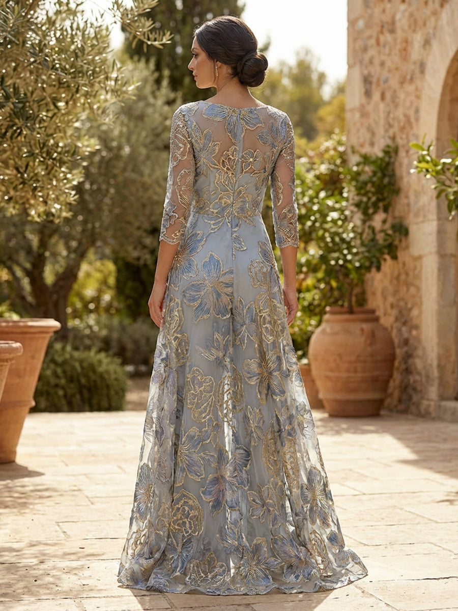 Floral Jacquard 3/4 Sleeves V-Neck Mother of the Bride with Ruched Waist