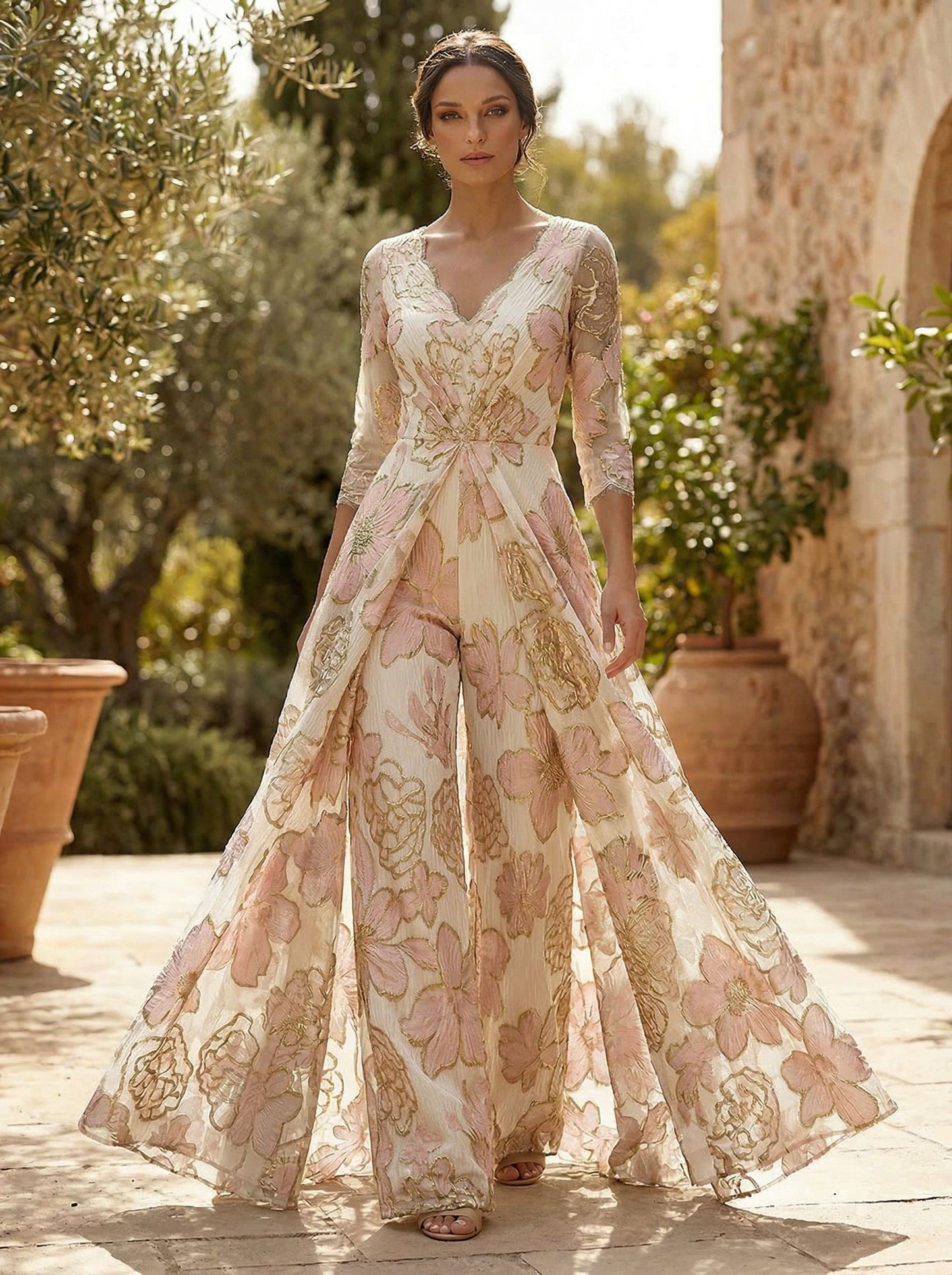 Floral Jacquard 3/4 Sleeves V-Neck Mother of the Bride with Ruched Waist