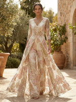 Floral Jacquard 3/4 Sleeves V-Neck Mother of the Bride with Ruched Waist