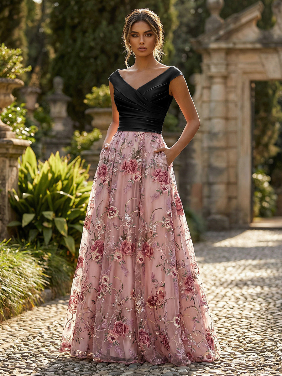 A-Line Floral Jacquard Floor-Length Mother of the Bride with Ruched Satin Bodice Candy Pink