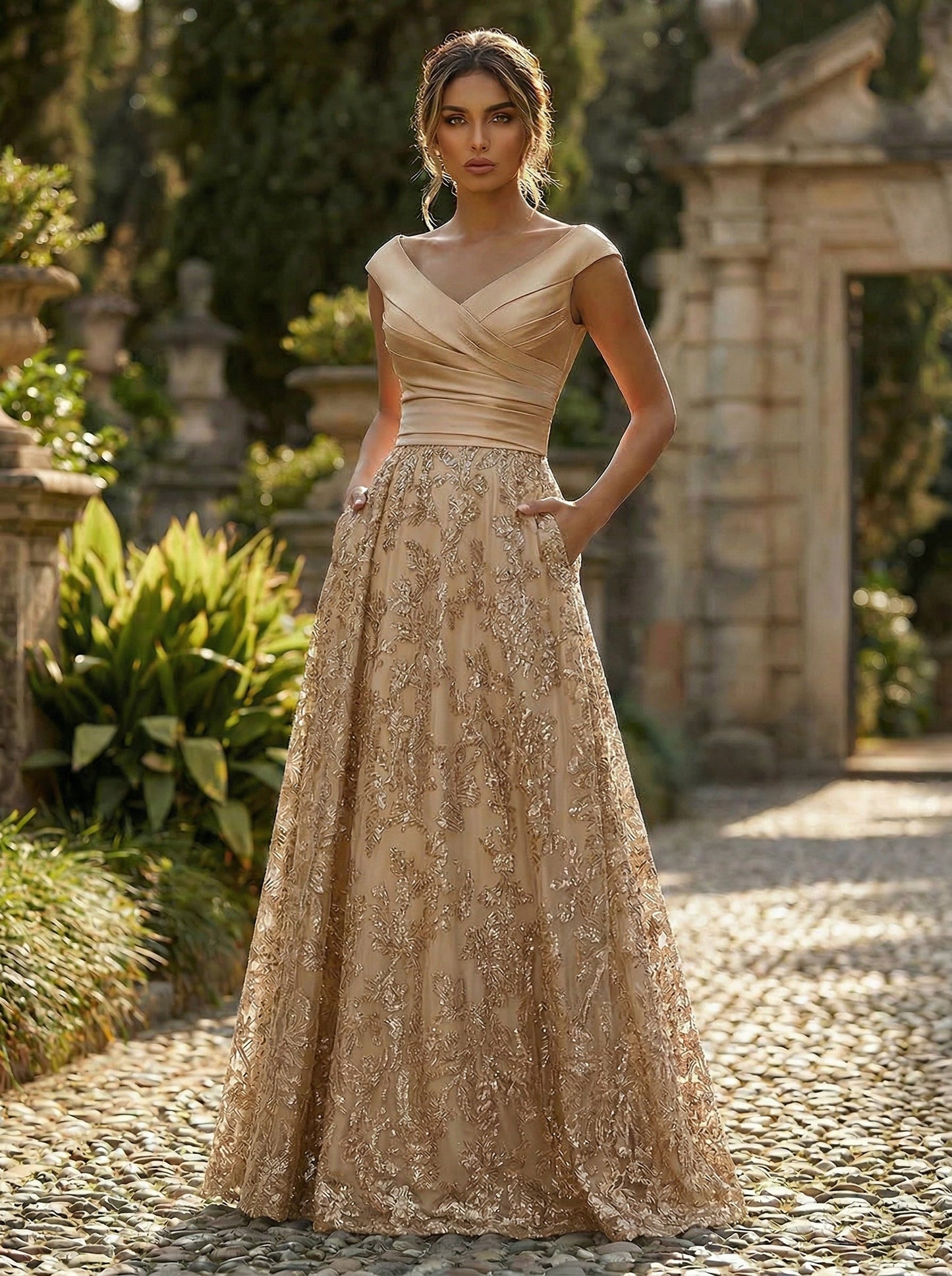 A-Line Floral Jacquard Floor-Length Mother of the Bride with Ruched Satin Bodice