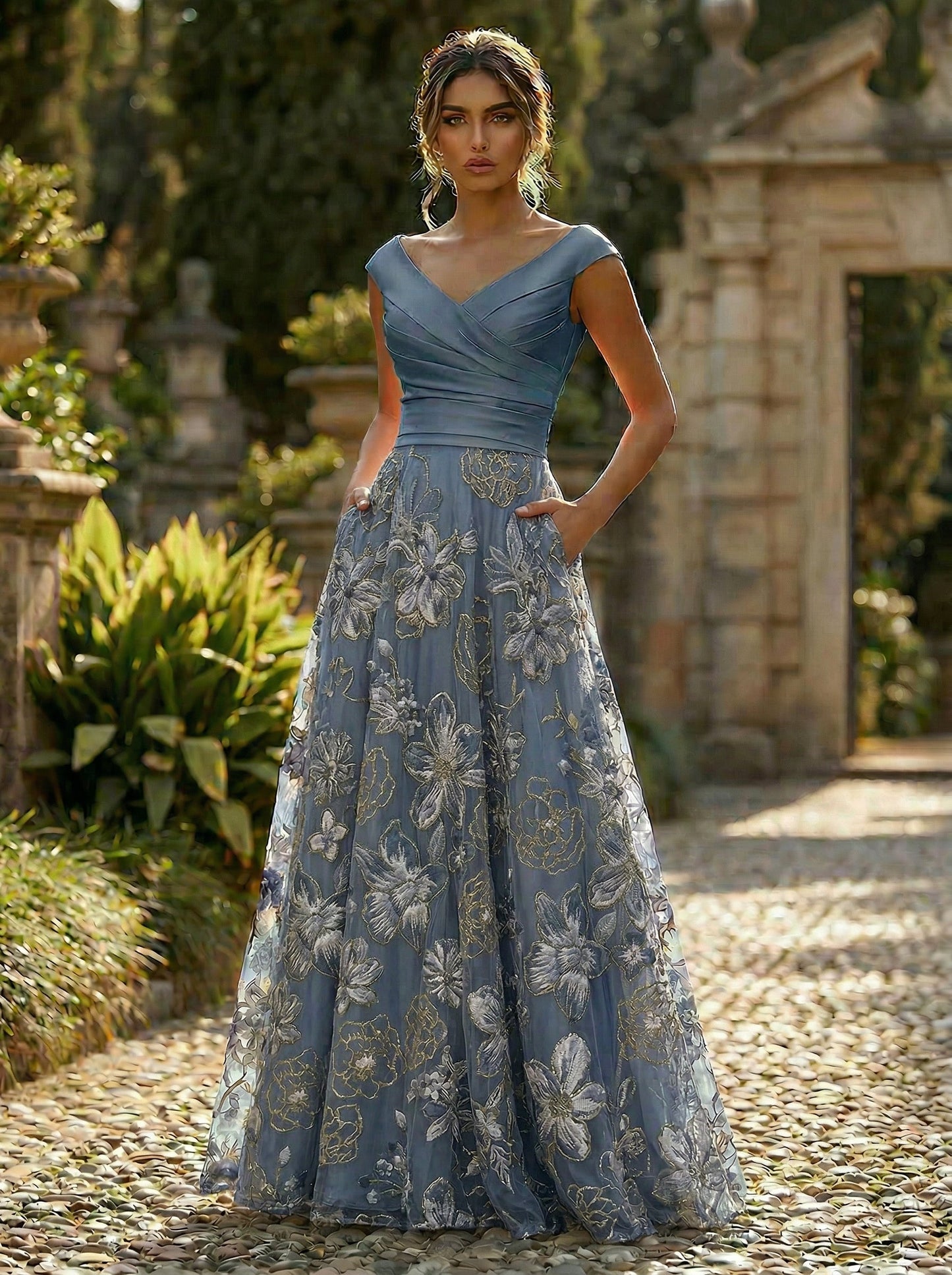 A-Line Floral Jacquard Floor-Length Mother of the Bride with Ruched Satin Bodice