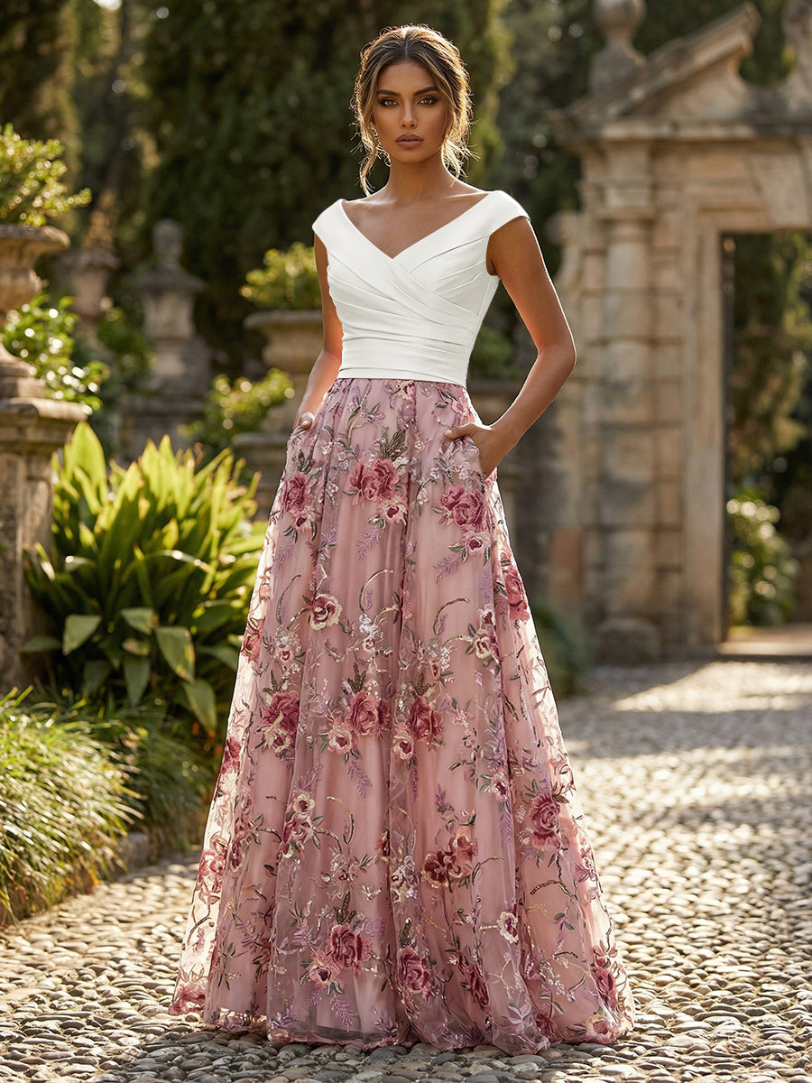 A-Line Floral Jacquard Floor-Length Mother of the Bride with Ruched Satin Bodice