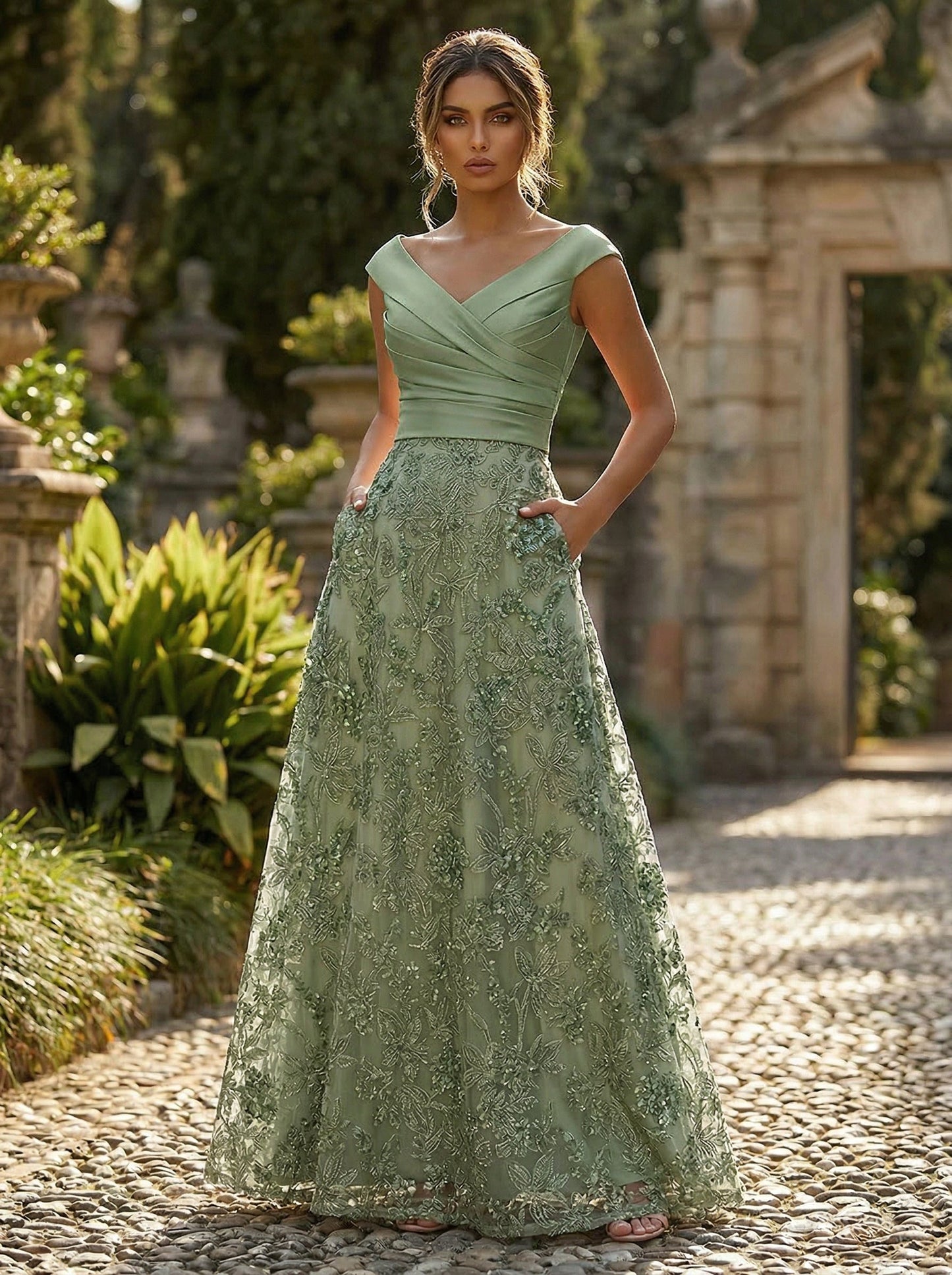 A-Line Floral Jacquard Floor-Length Mother of the Bride with Ruched Satin Bodice