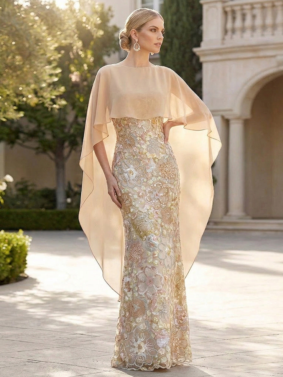 Sheath 3D Floral Embellished Lace Floor-Length Mother of the Bride with Chiffon Capelet Sleeves