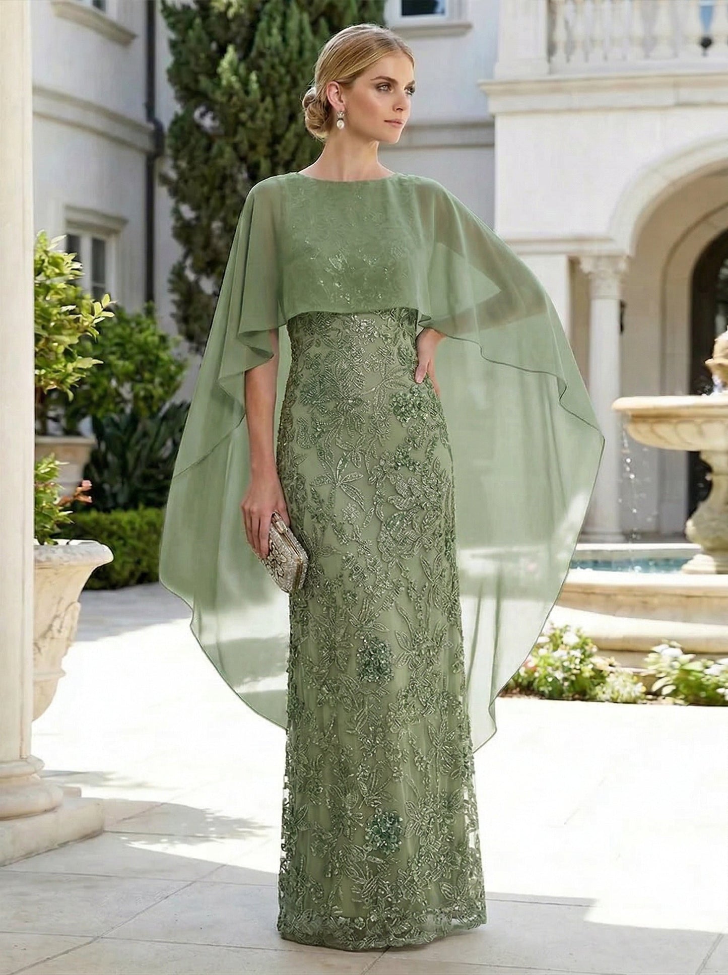 Sheath 3D Floral Embellished Lace Floor-Length Mother of the Bride with Chiffon Capelet Sleeves