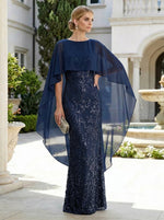 Sheath 3D Floral Embellished Lace Floor-Length Mother of the Bride with Chiffon Capelet Sleeves