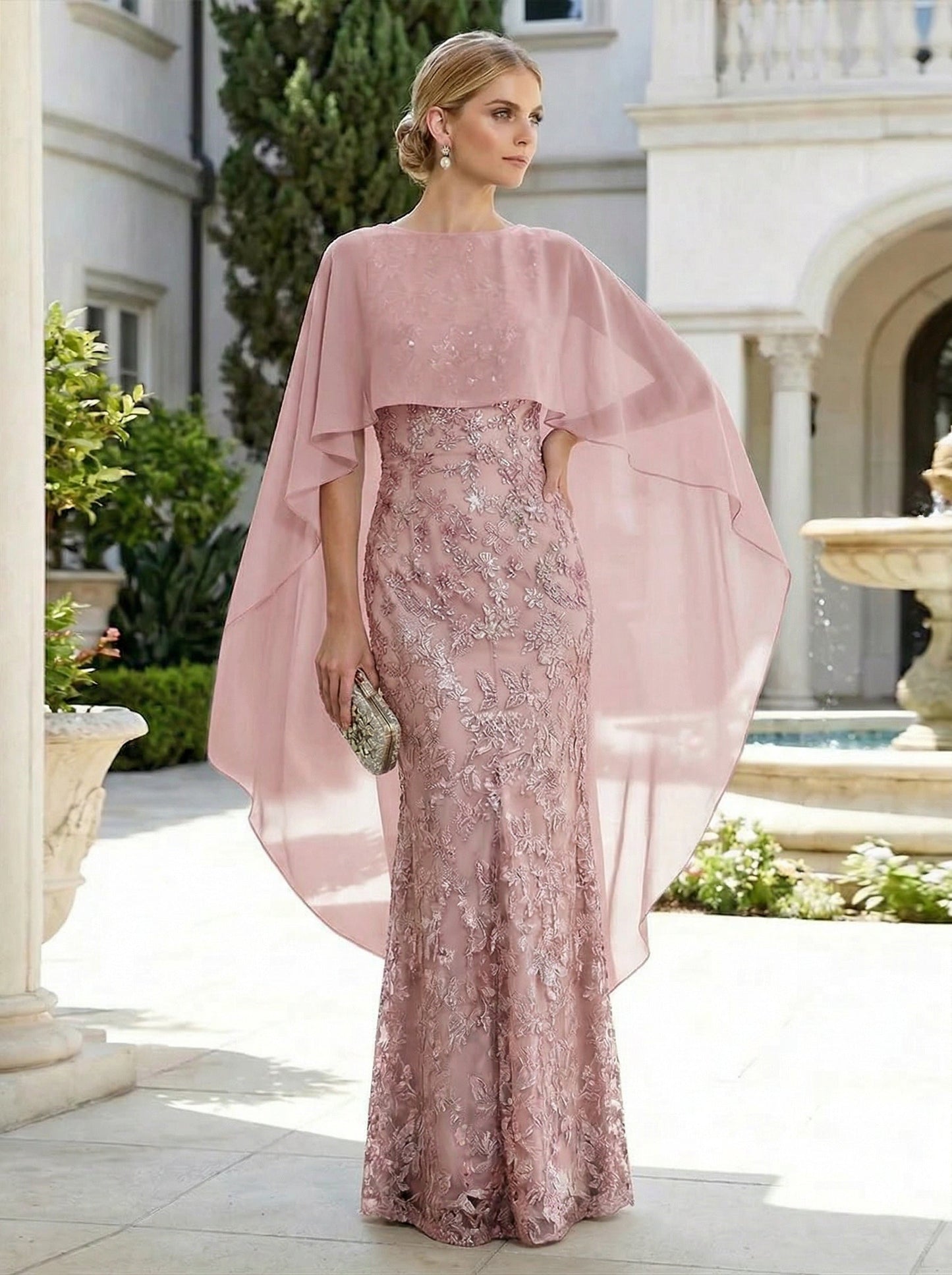 Sheath 3D Floral Embellished Lace Floor-Length Mother of the Bride with Chiffon Capelet Sleeves