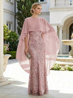 Sheath 3D Floral Embellished Lace Floor-Length Mother of the Bride with Chiffon Capelet Sleeves