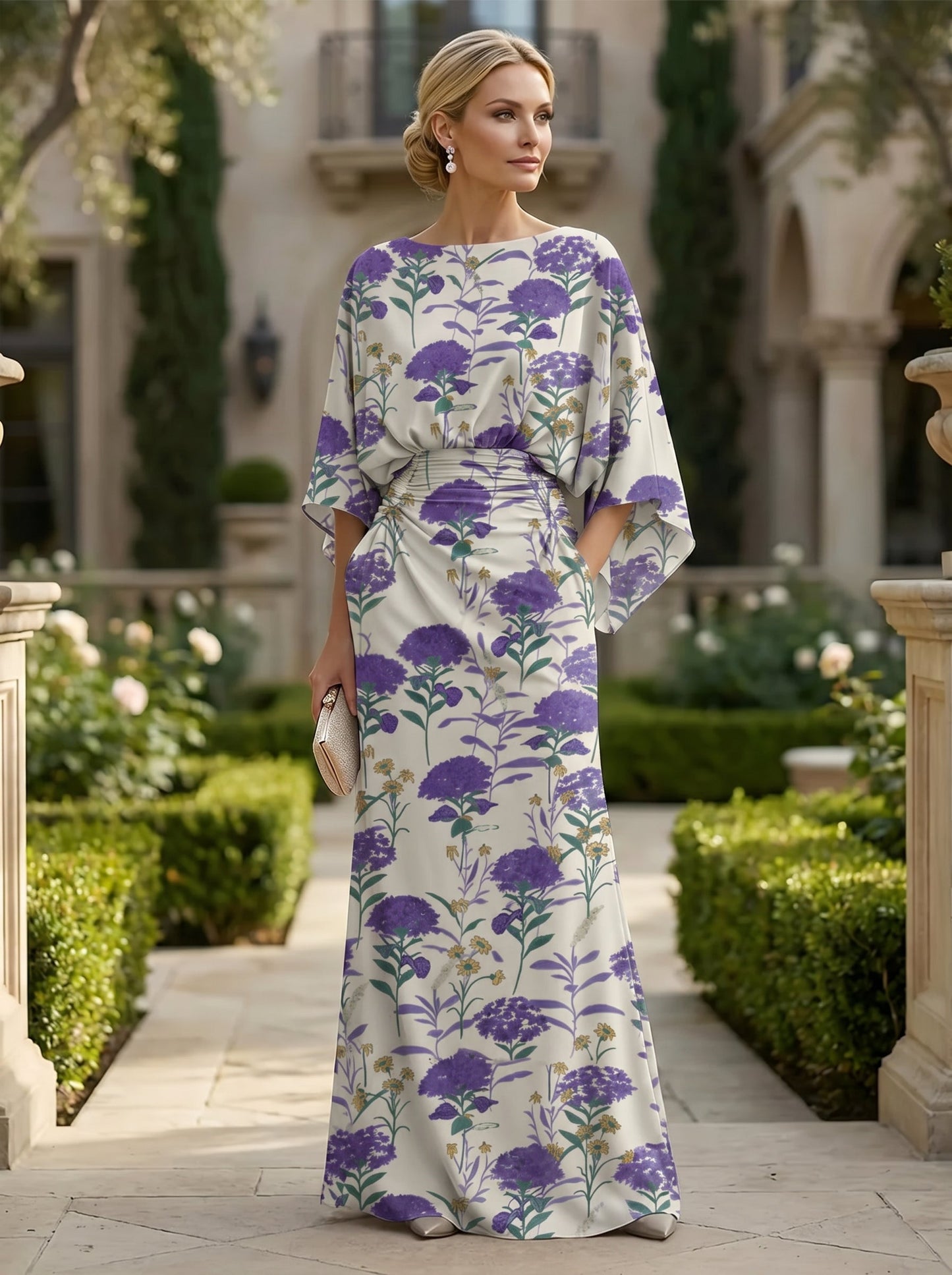 Sheath Chiffon Floral Print Cape Sleeves Mother of the Bride Groom Dresses for Formal Wedding