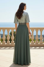 Elegant A-Line Chiffon Short Sleeves Pleated Mother of the Bride with Glitter Bodice & Belt