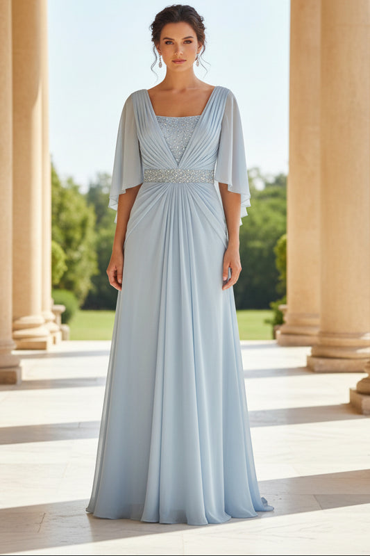 A-Line Chiffon Pleated Long Mother of the Bride with 3/4 Flutter Sleeves Sequin Waist