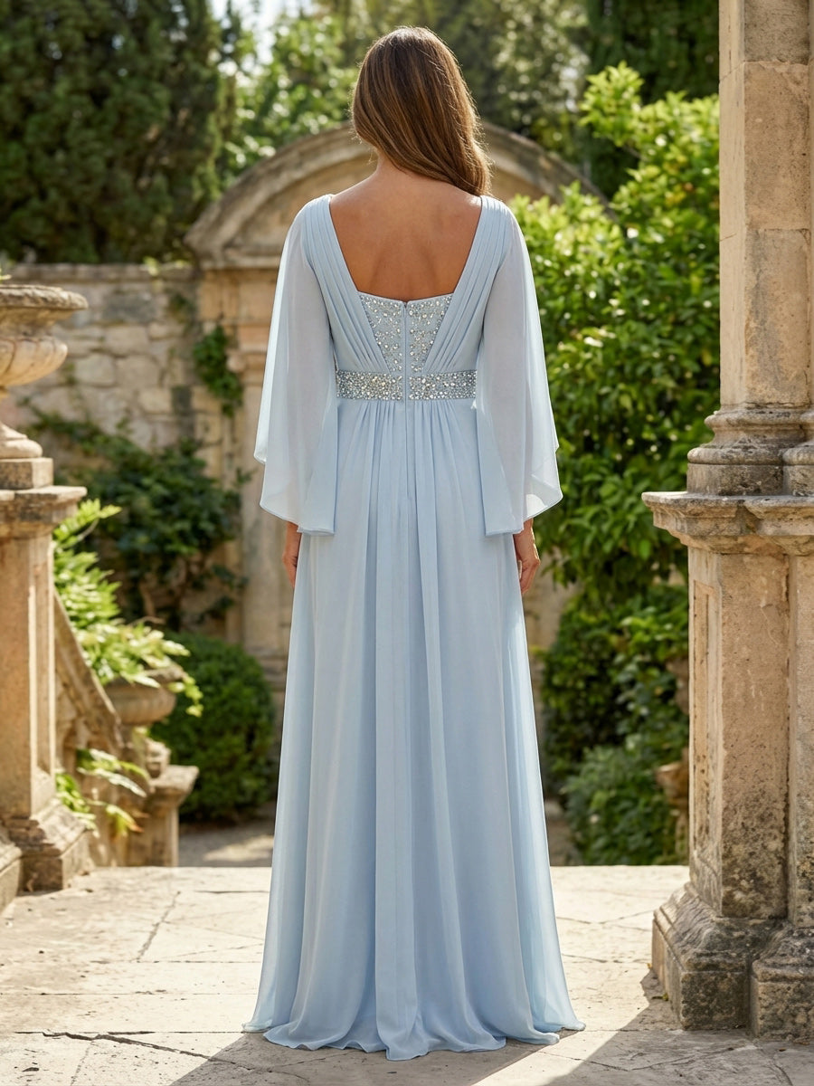 A-Line Chiffon Pleated Long Mother of the Bride with 3/4 Flutter Sleeves Sequin Waist