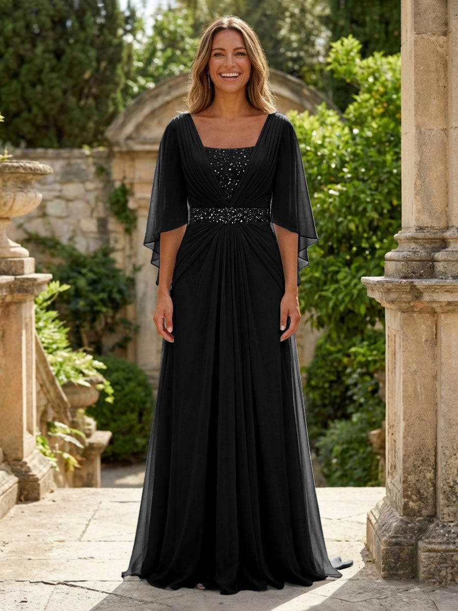 A-Line Chiffon Pleated Long Mother of the Bride with 3/4 Flutter Sleeves Sequin Waist