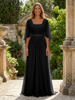 A-Line Chiffon Pleated Long Mother of the Bride with 3/4 Flutter Sleeves Sequin Waist